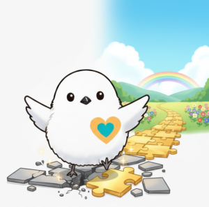 NLPとの出会いで自分の制限を外し、新しい人生の道へ踏み出すシマエナガのイラスト